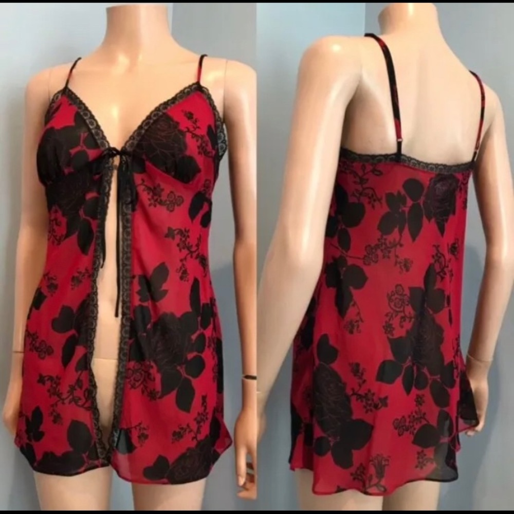 Y2K Open Front VS Black Roses Babydoll Lingerie, Sz S (36)